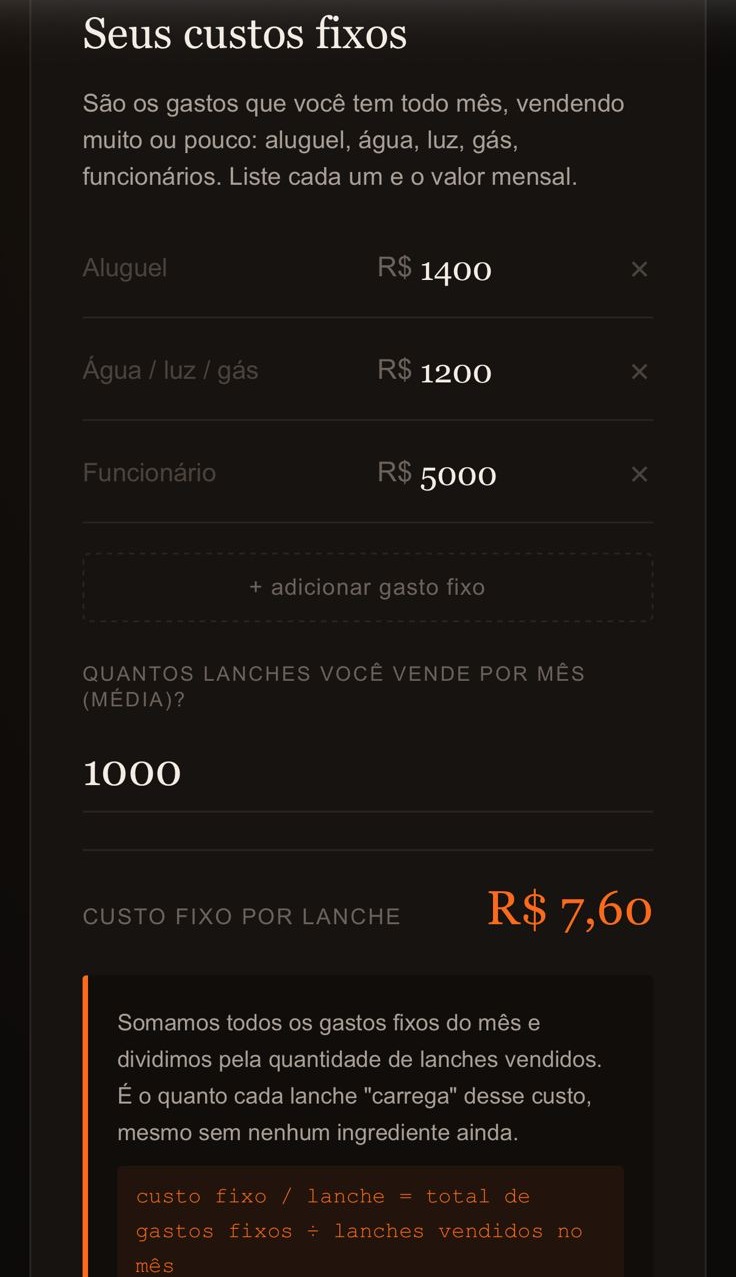 Tela real da calculadora: Seus custos fixos