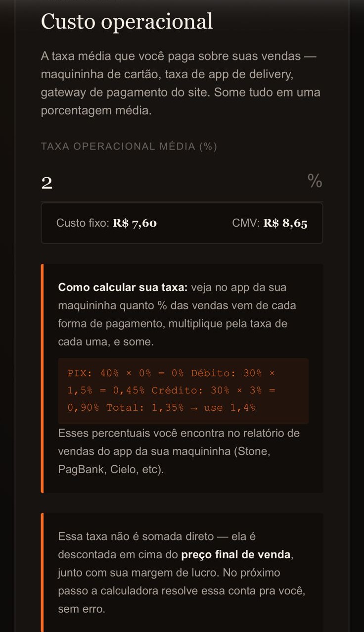 Tela real da calculadora: Custo operacional
