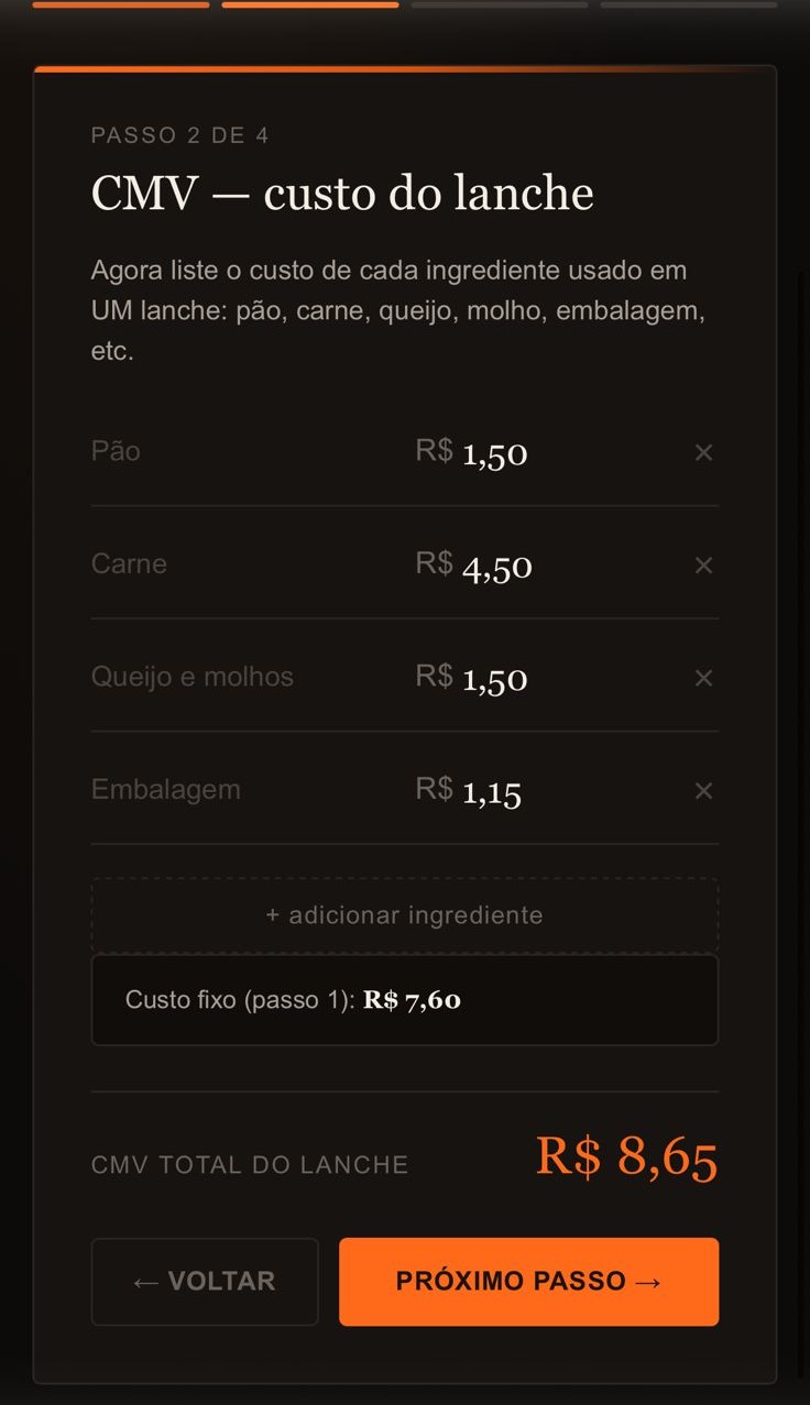 Tela real da calculadora: CMV — custo do lanche